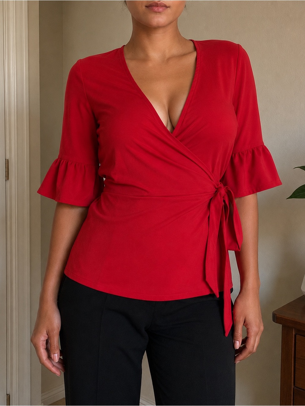 Draper James Crimson Wrap Tie Blouse with Ruffle Sleeves